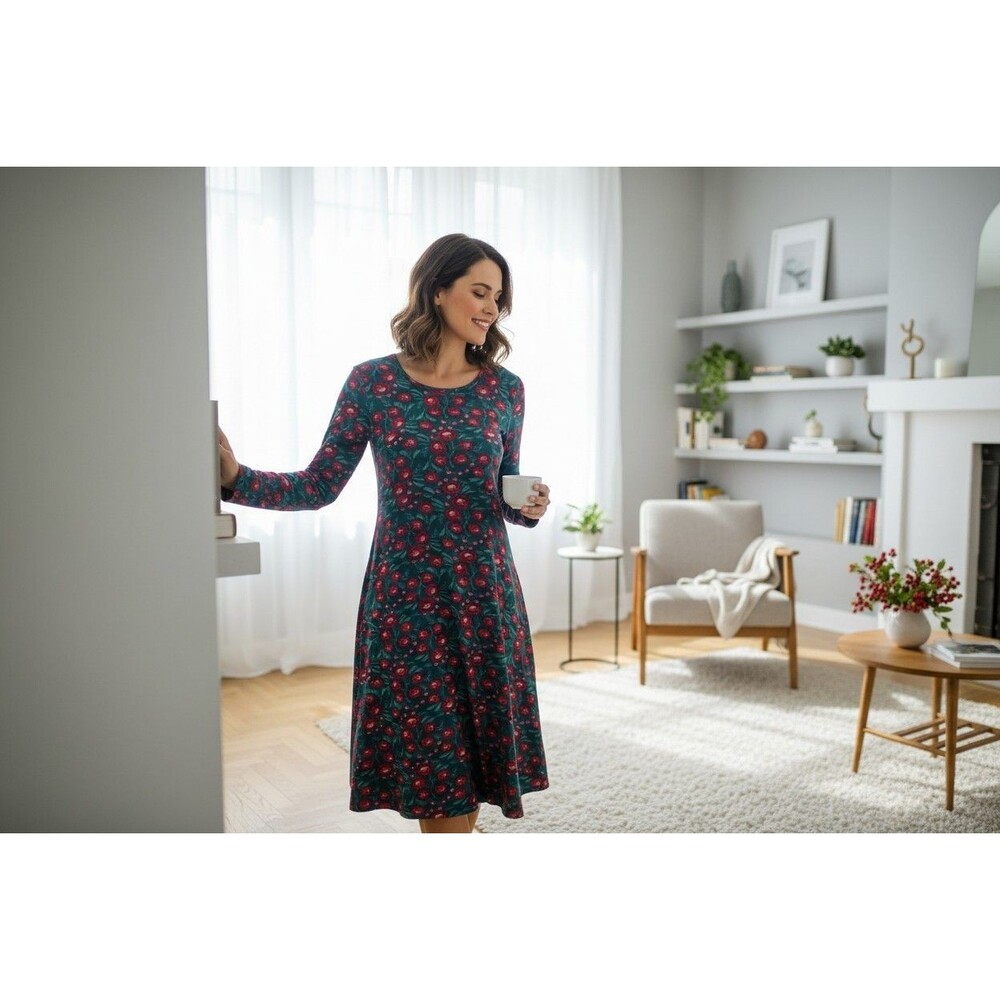 Gudrun Sjoden Floral Print Dress L Jersey Knit Lyocell Stretch Long Sleeve Boho - Picture 2 of 12